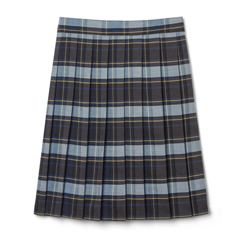 At The Knee Pleated Skirt - Blue/Gold Plaid
